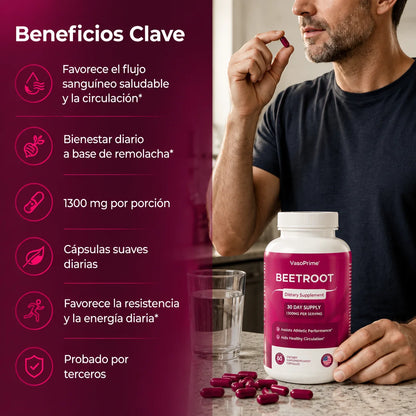 BeetRoot de VasoPrime: Recupera tu Chispa Diaria, apoyando tu circulación y presión arterial.